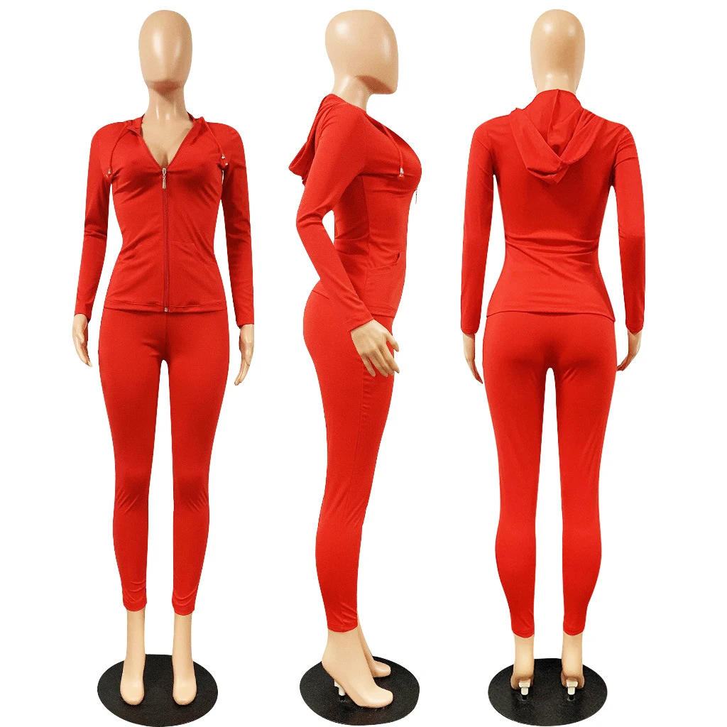 Yellow Sexy Skinny Two Piece Set Women Autumn Winter Long Sleeves Hooded Zipper Top And Full Length Pant Solid Casual Tracksuits
