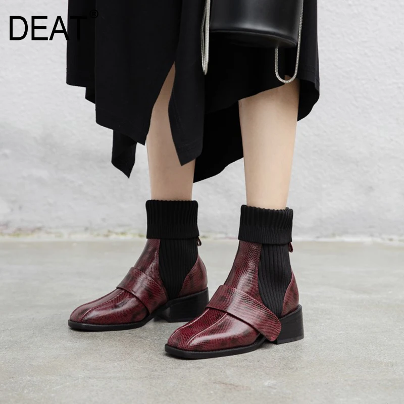 [DEAT] Square Toe Mixed Colors Casual Pu Leather Velvet Shoes Women Short Boots New Autumn Winter Fashion Tide 10E660