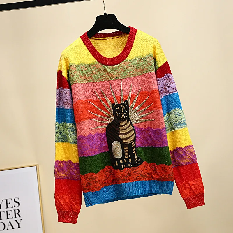

2019 Luxury Cat Sequins Women Rainbow Striped Runway Lace Long Sleeve Female Autumn Winter Knit Sweater Jumper Christmas Clothes