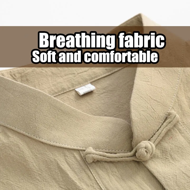 Retro Man Chinese Traditional Hanfu Shirt Solid Casual Kung Fu Uniforms Linen Cotton Tang Suit Male Long Sleeve Tai Chi Shirts