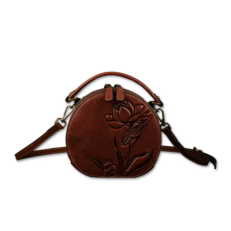 Женская сумка в стиле ретро, тисненая кожаная сумка через плечо, модная маленькая круглая сумка с цветком, женская переносная сумка с косой перекрестной застежкой
