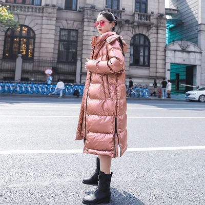 pink Корейский красный глянцевый длинный пуховик с капюшоном, хлопковая куртка и пальто для женщин, зимние свободные толстые теплые парки, Женское пальто - Цвет: pink