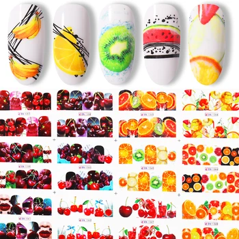 

12Pcs Colorful Abstract Nail Stickers Decals Watermelon/Kiwi/Lemon Fruit Geometry Summer Water Stickers Mix Manicuring Sliders