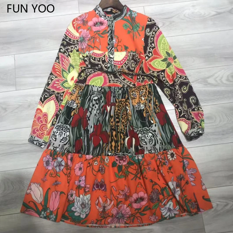 

2019 Female Fit and Flare Floral Dress Patchwork Mandrain Collar Knee-length Full Sleeves Elegant
