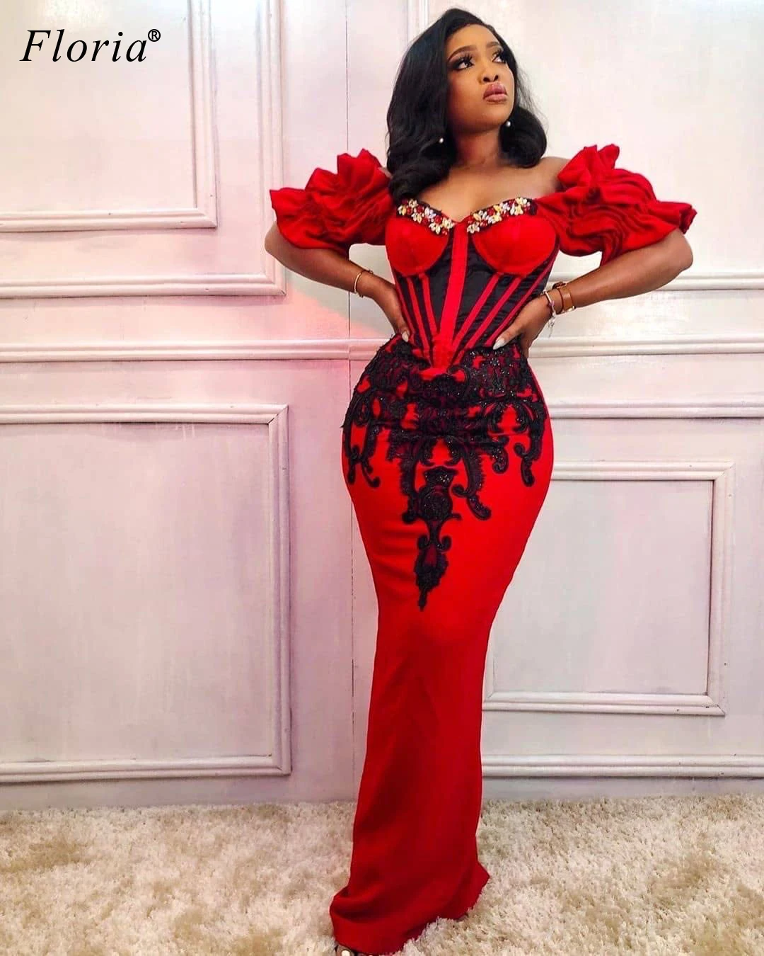 

African Plus Size Red Evening Dresses 2020 Mermaid Appliques Arabic Prom Dresses Woman Party Night Elegant Couture Robe Soiree