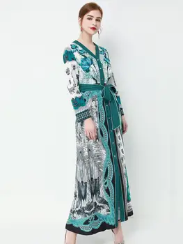 

Fashion New Loose Dresses Women's Holiday Dress Printing Dress Sexy V Neck Long Sleeve Single Breasted