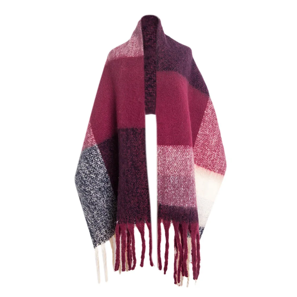 SAGACE Newl осень зима женский темперамент толстый шарф свежая шерсть удобный тренд теплый большой шарф двусторонняя кисточка плед - Цвет: Бургундия