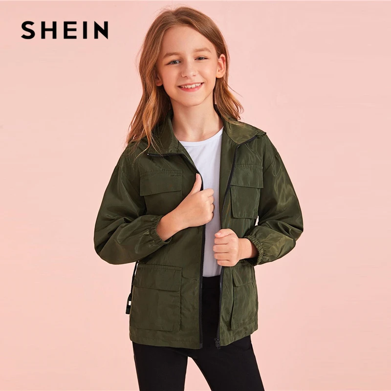 SHEIN/Детская штормовка армейского зеленого цвета с карманами на молнии спереди Детское пальто г. Осенняя одежда для активного отдыха повседневные куртки с длинными рукавами и поясом
