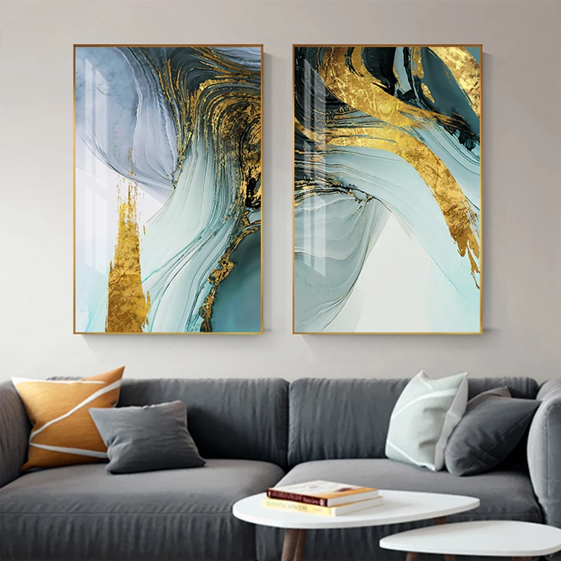 Modern Abstract Blue Green Gold Foil Canvas Painting Purple Decor Fashion Wall Art Picture for Living Room Modern Poster Print