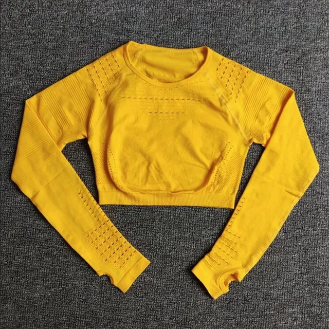 Yellow tops Женский бесшовный набор для фитнеса с высокой талией, энергетический спортивный костюм, спортивные сетчатые леггинсы, рубашки, спортивный костюм с длинными рукавами, спортивные комплекты для бега - Цвет: Yellow tops