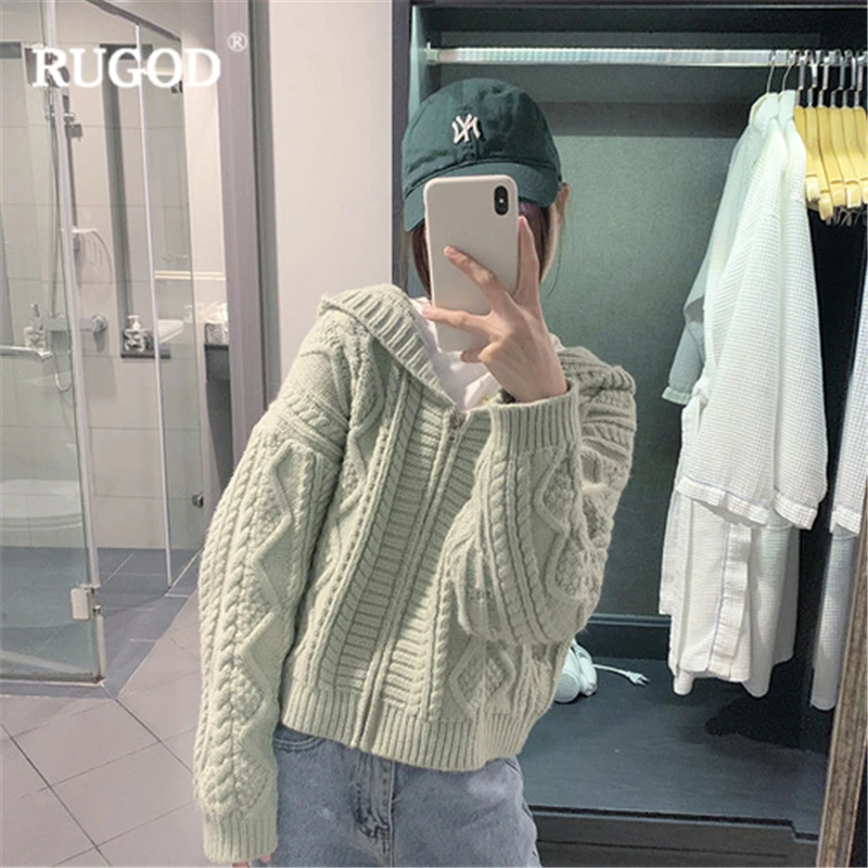 RUGOD Новые Женские однотонные свитера с капюшоном на молнии, свободные кардиганы с стильным узором, шикарное пальто для женщин на осень и зиму