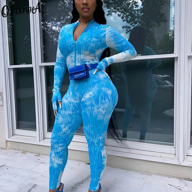 

OrangeA Autumn Women Ribbed Casual Skinny Stacked Jumpsuits y2k Zipper Tie Dye Activewear Elastic Fitness Overalls Streetwear