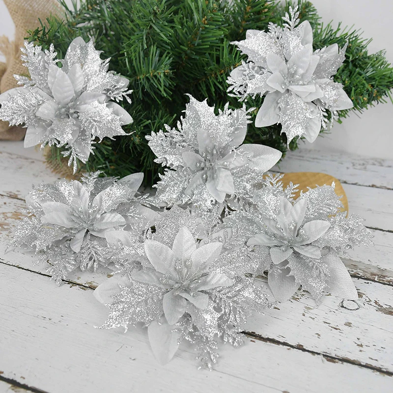 5pcsArtificialFlowersGlitterFakeFlowersChristmasTreeOrnaments