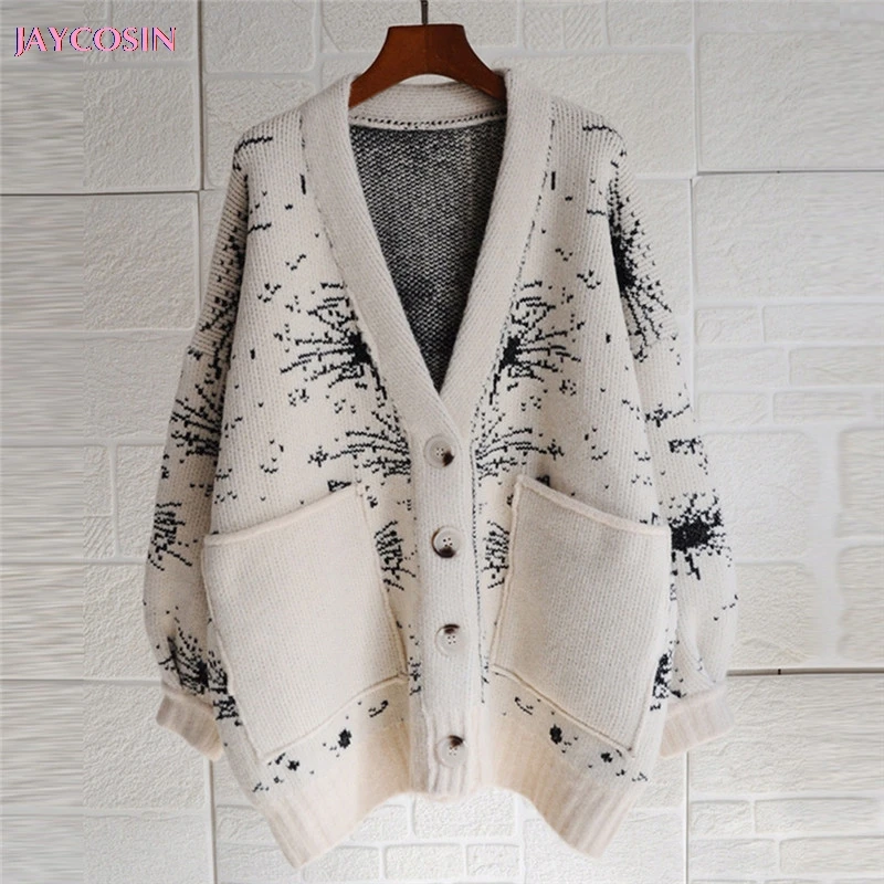 

JAYCOSIN 2019 Sweater Ladies Loose Long Sleeve Casual Print Cardigan Winter Medium Length Coat Manteau femelle Drop #0820