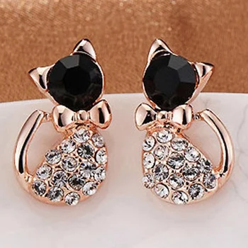 

1 Pair 2020 Newest Women Earring Cat Shape Elegant Black Crystal Rhinestone Stud Earrings Lady Jewelry Accessories Trendy Girls