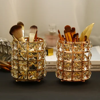 

European Luxury Crystal Makeup Holder Metal Makeup Brush Organizer Dressing Table Eyebrow Pencil Storage Box Desk Organizing