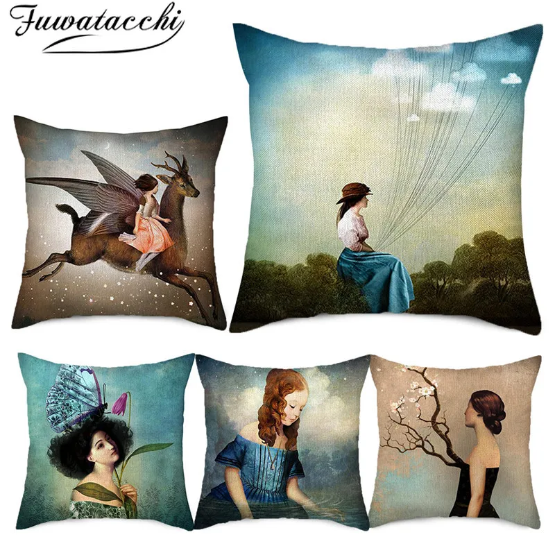 

Fuwatacchi Elegant Girl Printed Cushion Cover Cartoon Pure Linen Pillows Cover for Home Sofa Car Decorative Pillowcases 45x45cm