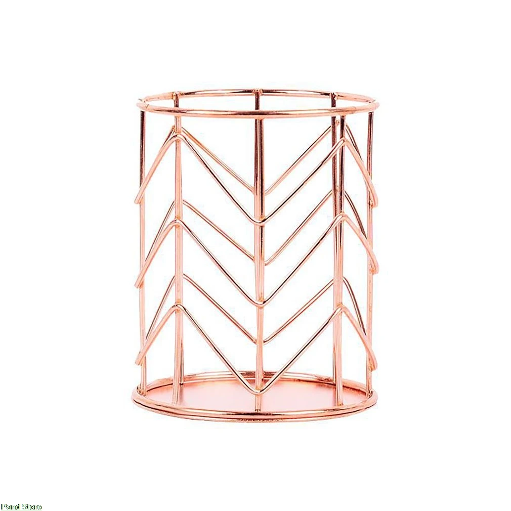Rose gold Держатель для карандашей, круглая железная сетка, подставка для ручек, канцелярские принадлежности, органайзер для макияжа, держатель для кистей для офиса, дома, школы, аксессуары для стола - Цвет: Rose gold