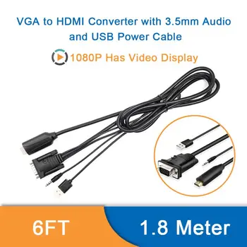 

Greatlizard 1.8m VGA to HDMI Converter Cable Adapter 1080P With 3.5mm Audio USB Power Cable For PC Laptop HDTV Projector Monitor