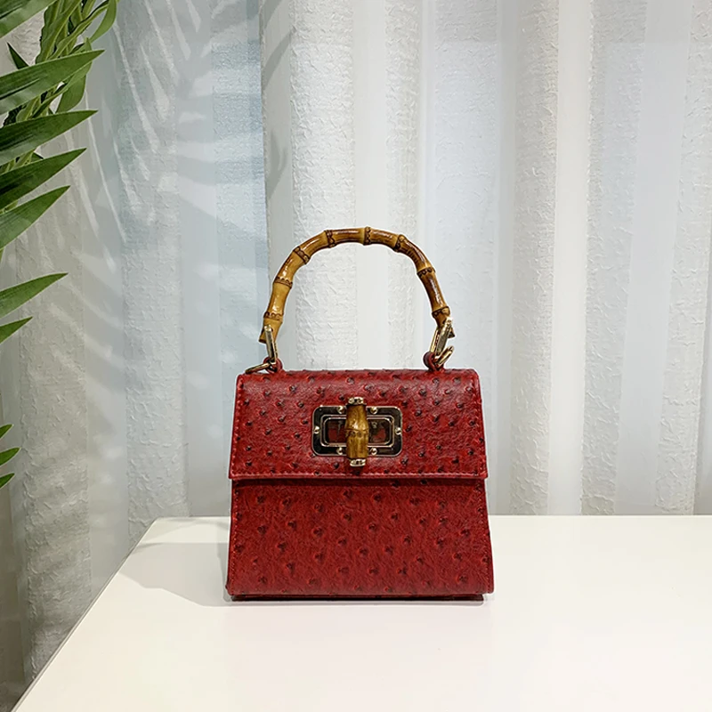 Ostrich Gold Синий страусиный Кожаный клатч, Бамбуковая модная сумка-тоут, Крокодиловая Дамская Роскошная брендовая сумочка - Цвет: Ostrich Gold