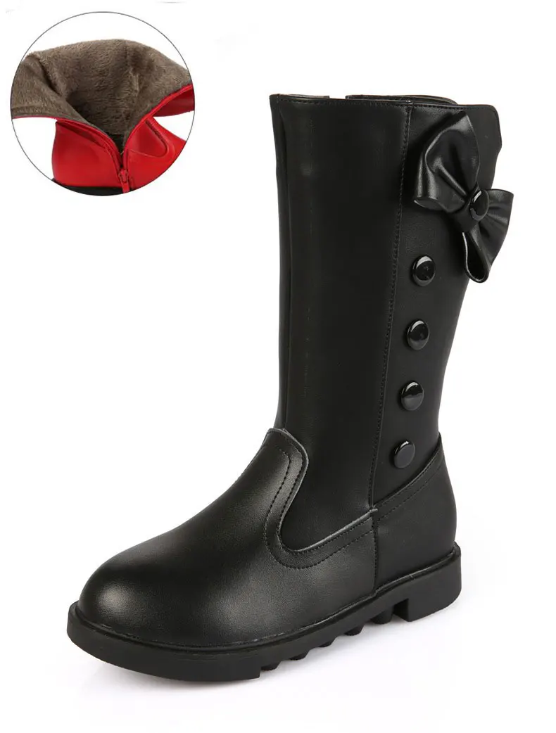 Детская зимняя обувь с бантом, платье-пачка для девочек; Botas; из натуральной кожи; сапоги до колена на резиновой подошве; сапоги "Принцесса" детская красная - Цвет: Черный