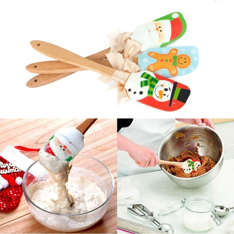 Christmas Style Silicone Butter Scraper Pastry Spatula Baking Tool Kitchen Gadget Christmas Wooden Handle Cream Mixing Knife