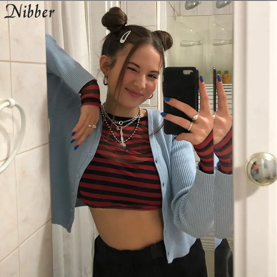 NIBBER, Harajuku, элегантные, синие, тонкие, с длинным рукавом, вязаные топы для женщин, осень, для офиса, улицы, Повседневный, топ, кардиган, тонкие пальто для женщин