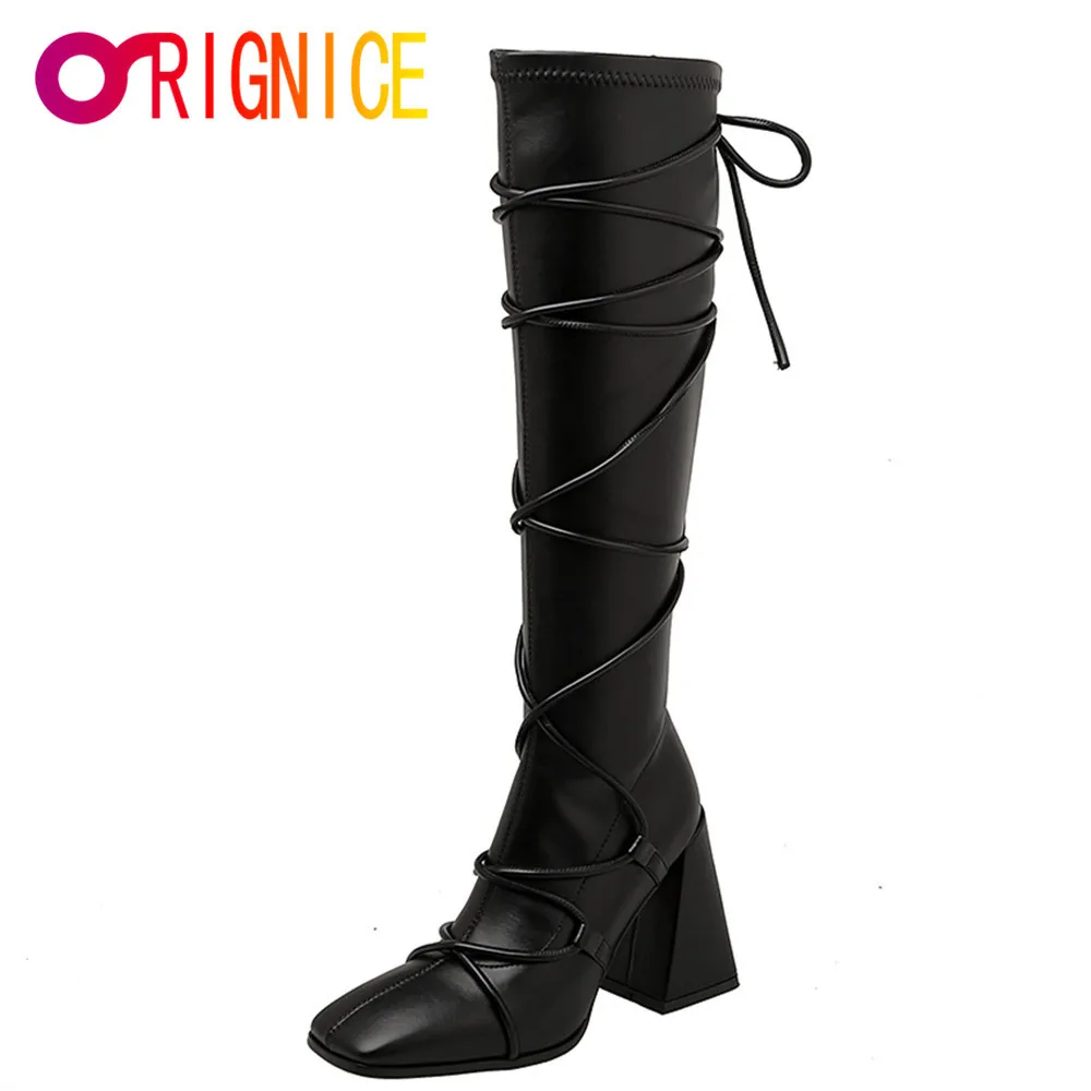 

Женские высокие сапоги Orignice, на шнуровке, с квадратным носком, на квадратном каблуке, размеры 34-41, для осени и зимы