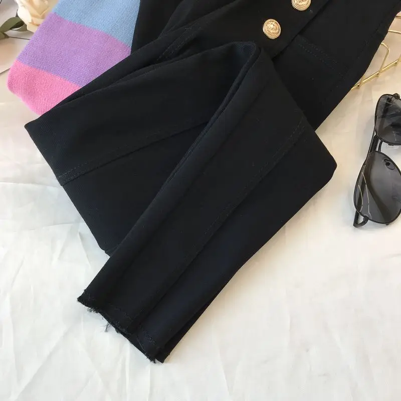 Black Jeans Women Autumn Winter Double-breasted Gold Buckle Pants Zipper High Waist Stretch Denim Pants Skinny Trousers Mujer