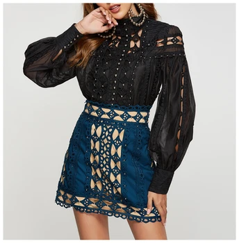 

HAMALIEL Runway Designer Lantern Sleeve Blouses 2020 Spring Women Organza Rivet Beaded Embroidery Hollow Out Black Shirt Tops