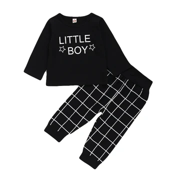 激安 子供少年の秋衣装12月男の子服2個白文字黒長袖シャツとチェック柄パンツセット