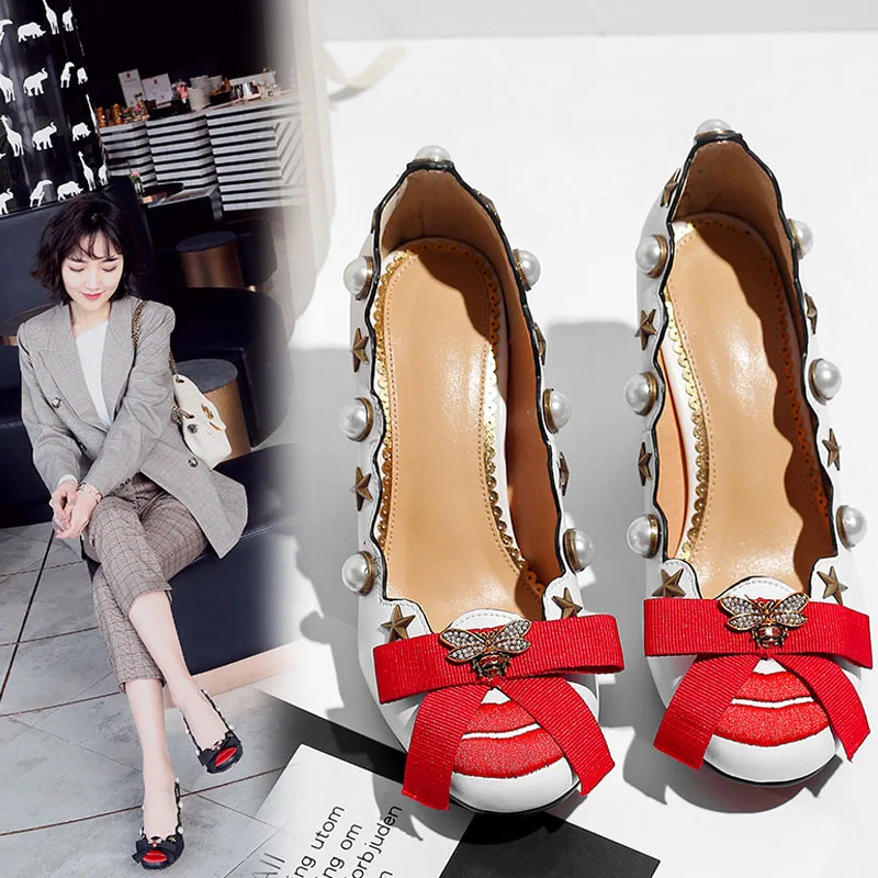 

2019 Spring And Autumn New Style Square Head Shoes Women's Chunky-Heel Lip Red Retro Doll Shoes Bow White High Heel Shoes