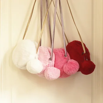 

Cute Fashion Faux Fur Girls small Crossbody for kid babg girl Cute Furry Ball Handbag Wallet Purse Shoulder Bag Solid black bag