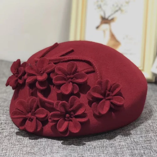 Wine Red Шерстяной берет ручной работы с цветком для женщин, Европейский дизайн, брендовая австралийская шерстяная фетровая Кепка, Коктейльные Вечерние головные уборы, Новинка - Цвет: Wine Red