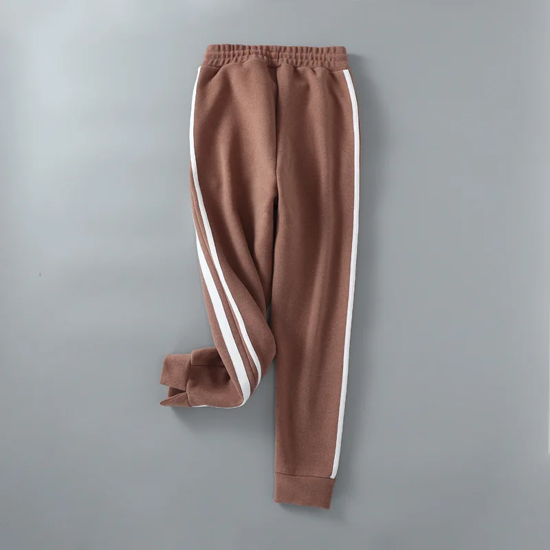 caramel colour Осенне-зимние утепленные штаны с мехом для женщин, Свободные повседневные спортивные джоггеры, женские полосатые штаны - Цвет: caramel colour