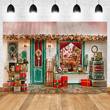 

Christmas Gift Store Photography Background Retro Green Wooden Door Adult Child Portrait Photocall Background Photo Studio Props