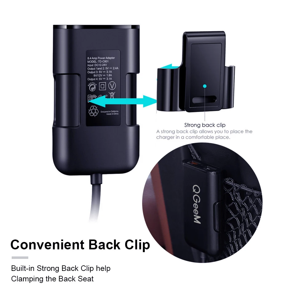 QGEEM 4 USB QC 3.0 Car Charger Quick Charge 3.0 Phone Car Fast Front Back Charger Adapter Car Portable Charger Plug for iPhone usb c to usb c car charger