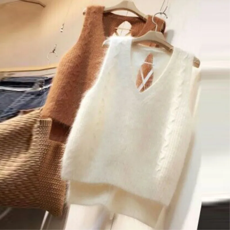 Женский осенне зимний новый вязаный жилет с V образным вырезом женский свободный