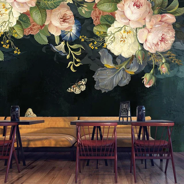 Custom 3D Wallpaper Silk Cloth Waterproof Canvas Murals Wall Painting Pastoral Floral Flower Oil Painting Black Mural Wallpaper 1