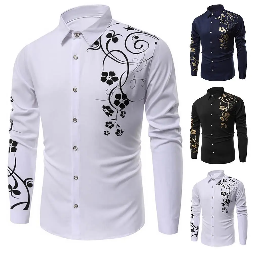 

Plus Size Fashion Men Flower Print Button Turn Down Collar Long Sleeve Shirt Top Solid Color Formal Wedding Shirts Men Spring Au