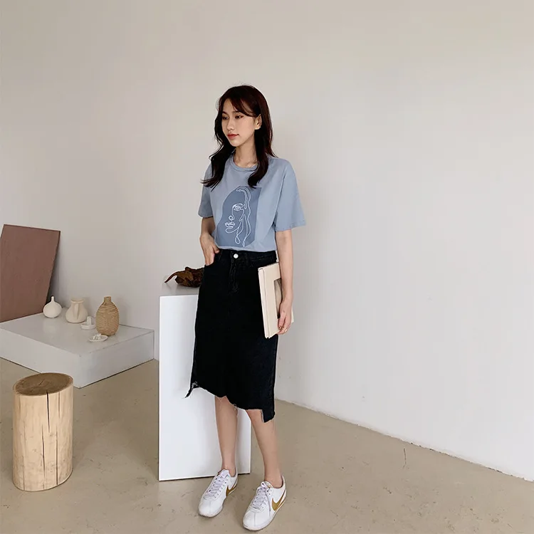 Abstract Print T-shirt Female Short Sleeve 2020 Summer New O-Neck Korean Women's Casual Tops Tees Harajuku