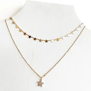 New Fashion Crystal Inlaid Five-pointed Star Pendant Necklaces For Women Multilevel Sequined Stars Chain Female Necklace Jewelry