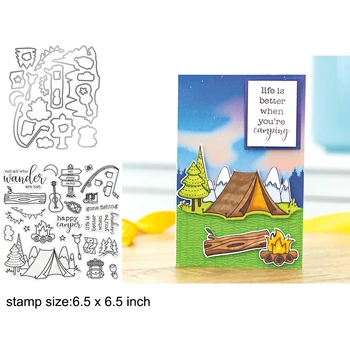 

Camping Clear Stamps With Metal Cutting dies for DIY Scrapbooking Paper Cards Silicone Transparent Stempels Seal New