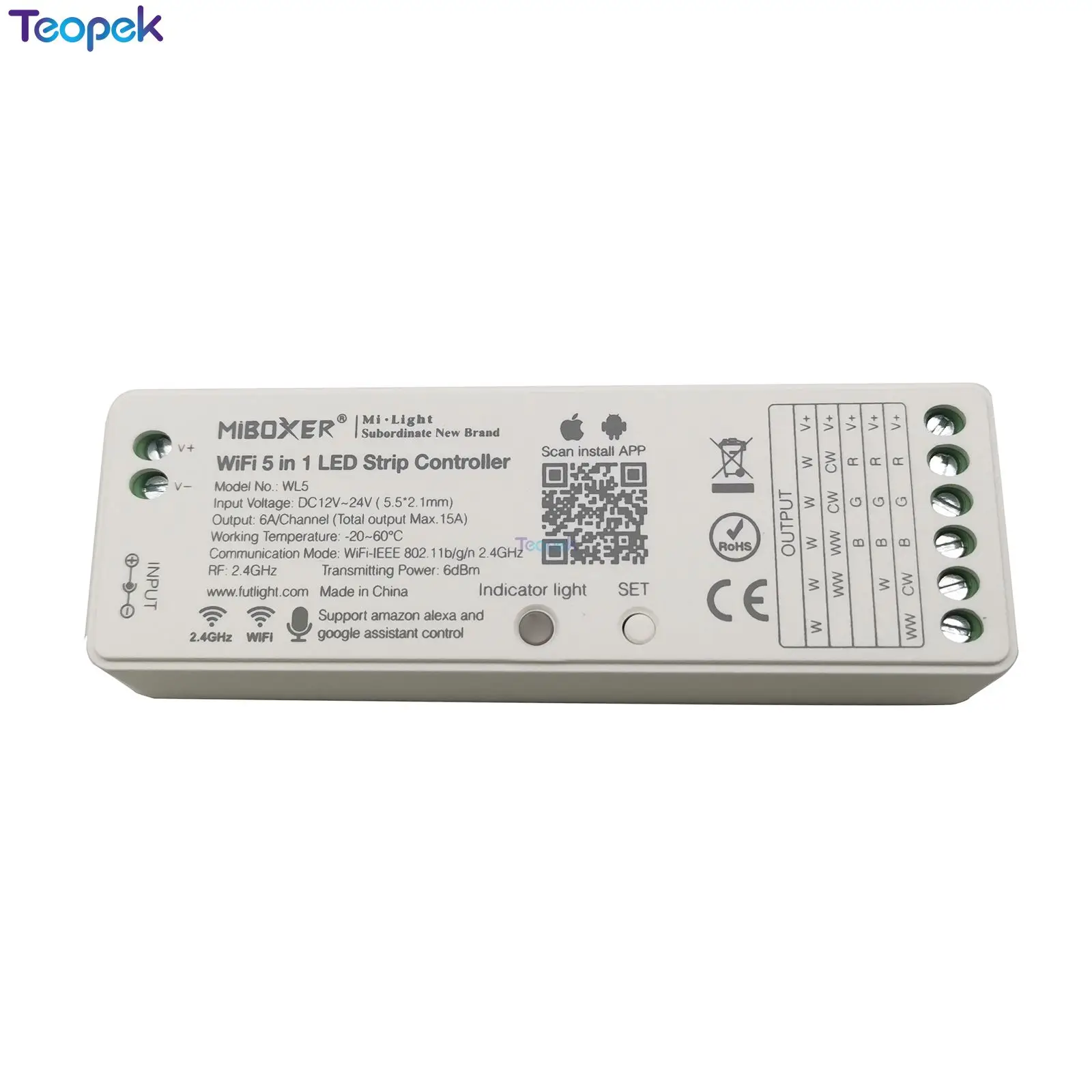 Miboxer WL5 5 в 1 WiFi светодиодный контроллер 2,4G 15A для одноцветных CCT RGB RGBW RGB+ CCT светодиодный полосы, поддержка Amazon Alexa Google
