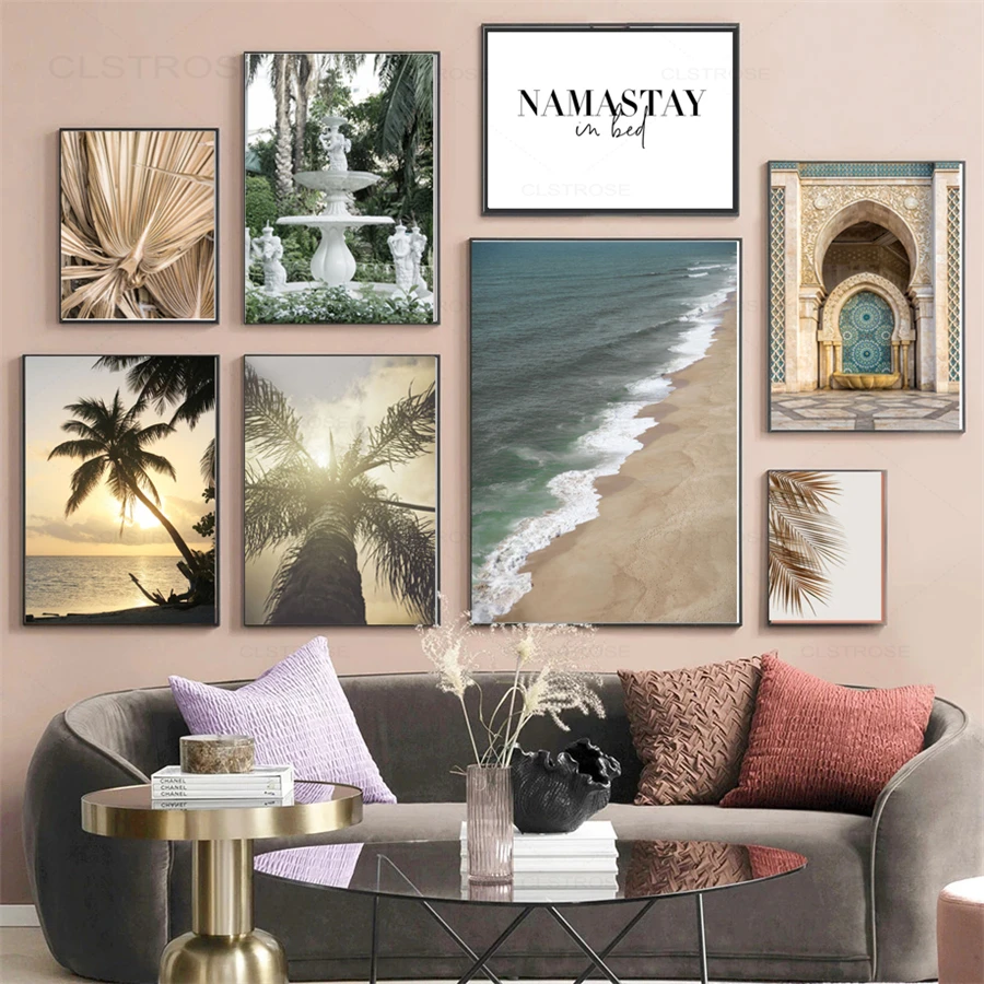 Nordic Sunset Plant Beach Fountain Scenery Poster Palma Foglie Dorate Agata Wall Art Canvas Painting For Home Decoration