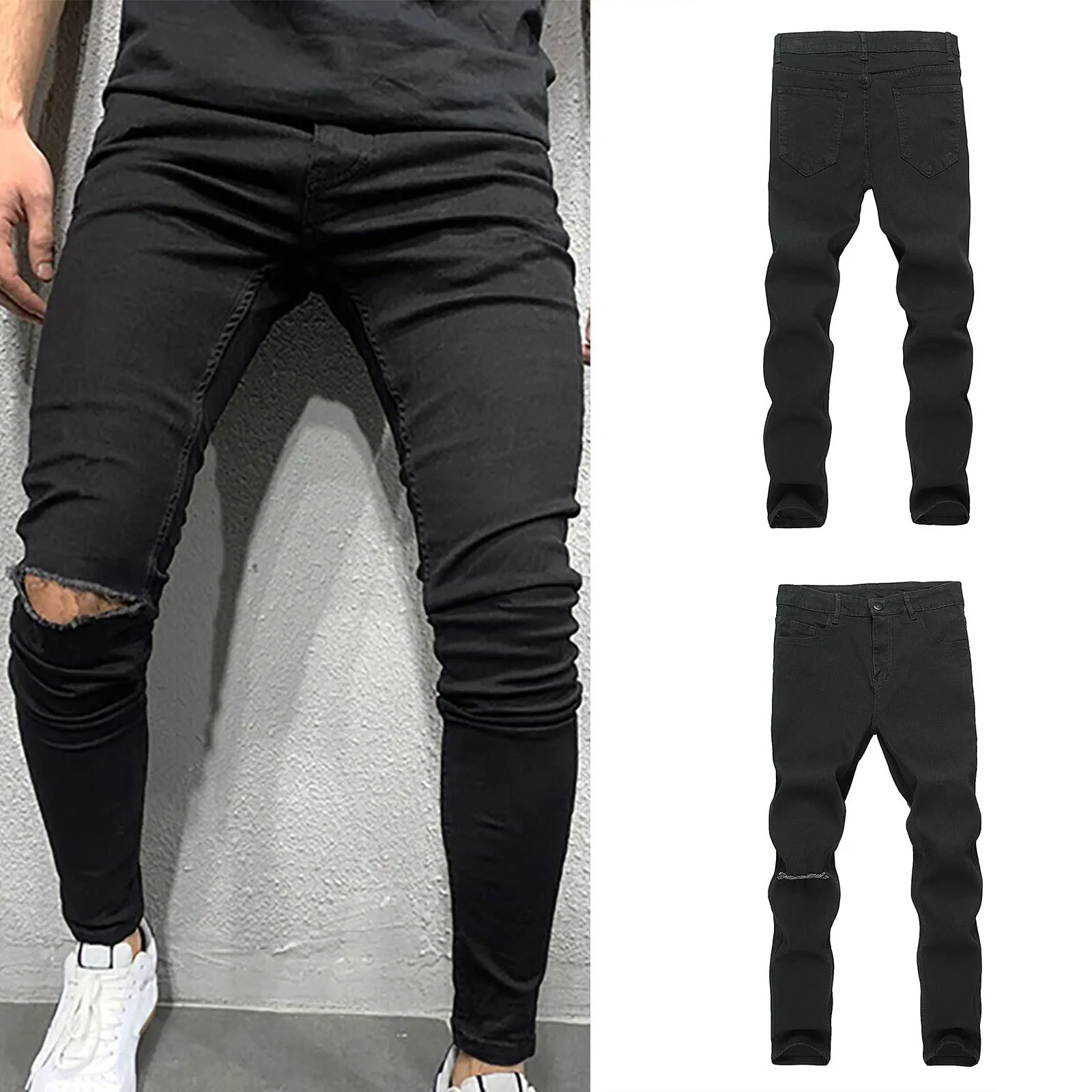 2021 Men's Fashion Denim Cotton Vintage Wash Hip Hop Work Trousers Jeans Pants Male Ripped Skinny Trousers Autumn #01 1