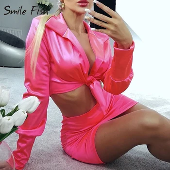

Sexy Women's Outfits 2020 Glossy Turn-down Collar Bandage Shirts Crop Top Mini Skirts 2 Pieces Sets Mujer Orange Lady Suit GV962