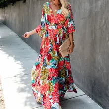 ボヘミアンプリントカフタン女性ビーチウェア綿チュニックビーチカバーアップサイダデプライア水着ビキニカバーアップサロン # Q944(China)