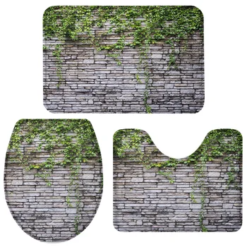 

Brick Wall Vintage Style Ivy Plant Bath Set Toilet Cover Mat Pedestal Rug Non-Slip Bathroom Rug Set