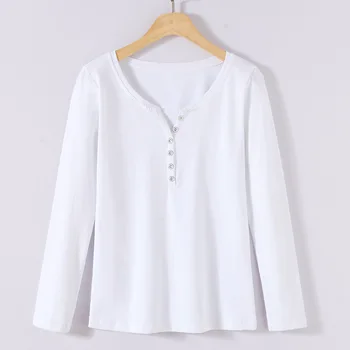 

Long-sleeved T-shirt female V-neck cotton button decoration wild Korean Slim large size women's compassionate bottoming shirt